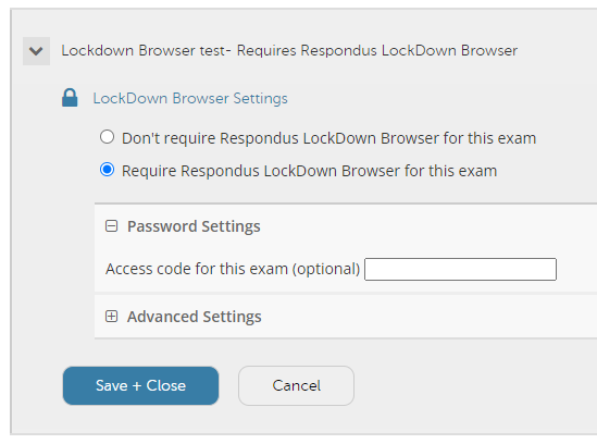 Screenshot showing the respondus lockdown settings